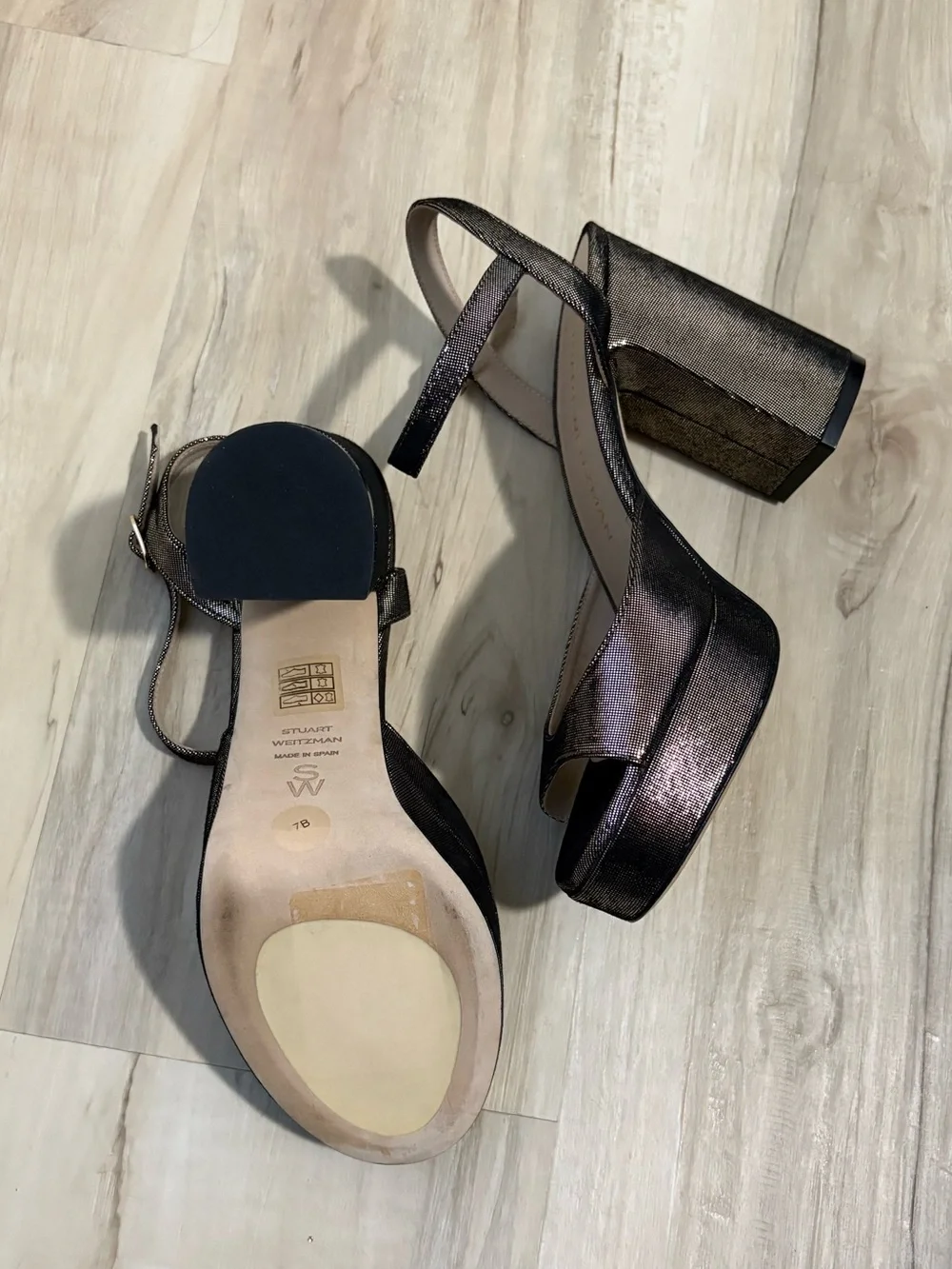 Stuart Weitzman Metallic Pewter Platform Sandal with Ankle Strap